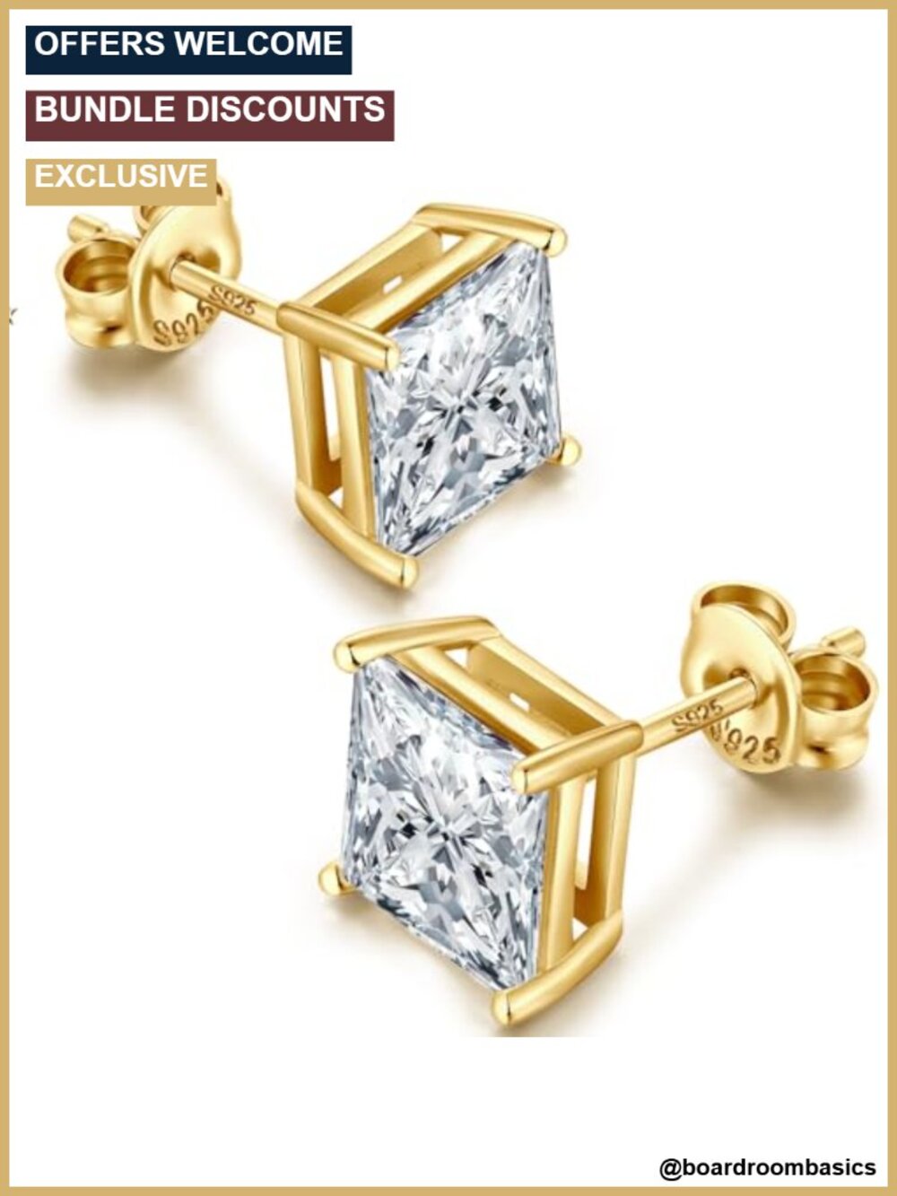 925 Sterling Silver Square Stud Earrings Cubic Zirconia Hypoallergenic Unisex